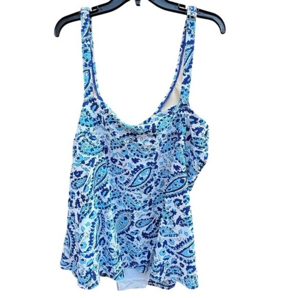 ALISHA LEVINE. NWT.  Blue/ White  Swimsuit. Sz 22W. Ruching in front, flowy hem. - Picture 4 of 10